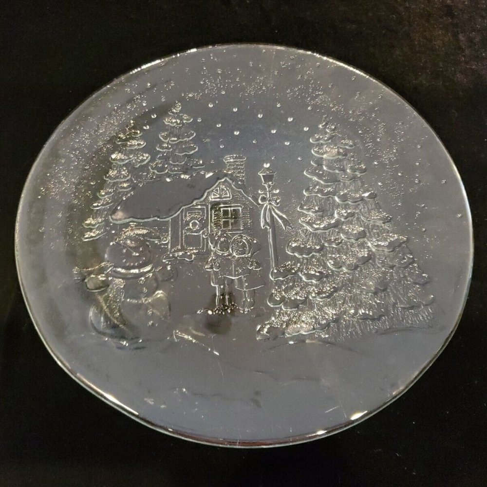 Christmas Holiday Embossed Clear Glass 12 1/2" Serving Platter Plate